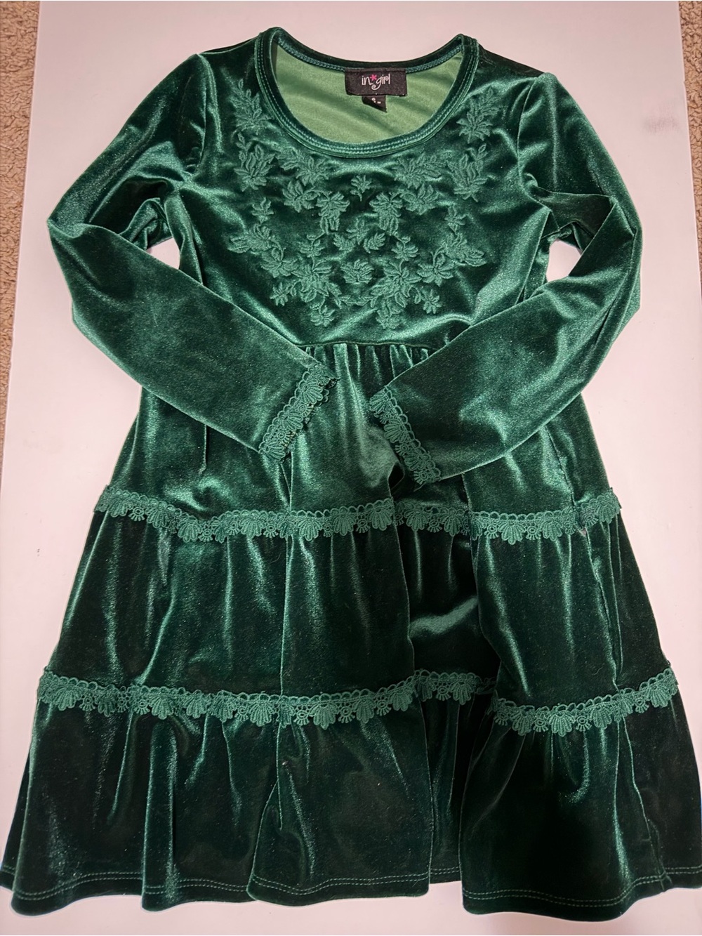Green Velvet Floral Tiered Girls' Costume Dress by
